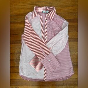 CK Bradley Red, Pink, and White Striped Color-Blocked Women's Button Down Shirt